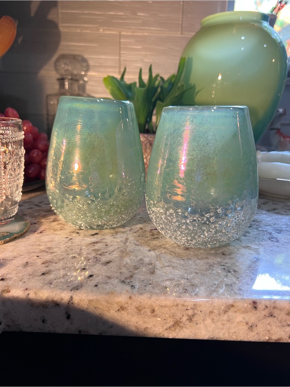 Iridescent Icy Green Handblown Glass Tumbler Set o’ 2